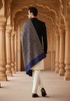 Woolen Mens Shawl in Blue with All-Over Floral Jaal Weave (80 x 40 Inches)