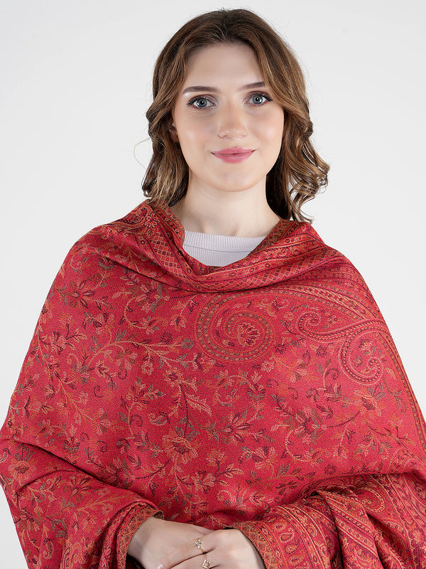 Red Jamawar Wool Blend Women Shawl with Intricate Paisley Weave – 80×40 Inches