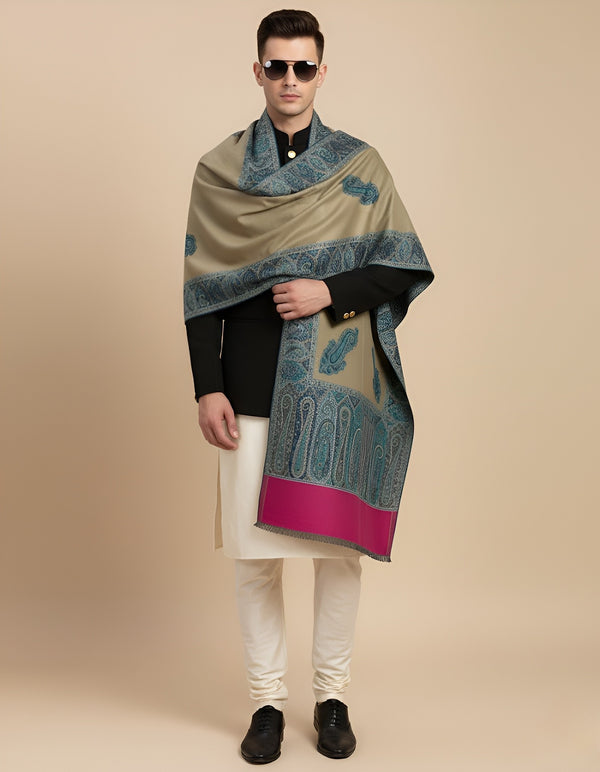 Bamboo Silk Gold Mens Shawl with Ornate Paisley Border | Classic Heritage Wrap (80 × 40 Inches)