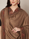 Brown Woolen Women Shawl with Traditional Multicolour Embroidered Border (80 x 40 Inches)