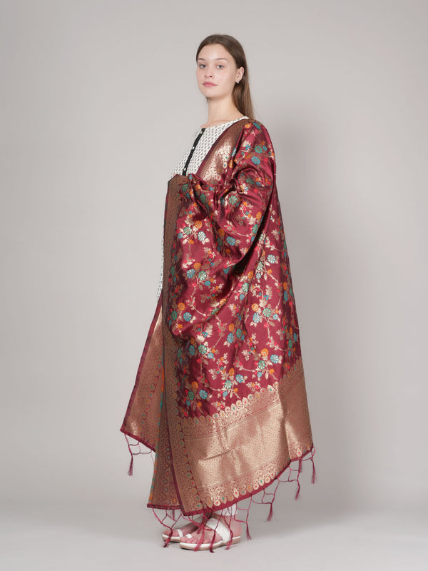 Maroon Paithani Silk Dupatta with Multicolour Floral Zari Weave (Size: 2.5x1 m Approx)