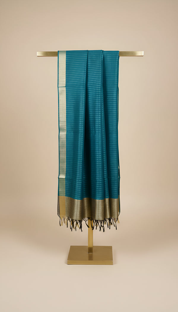 Teal Striped Silk Dupatta with Zari Border | Elegant Ethnic Drape (2.5 Metres Approx.)