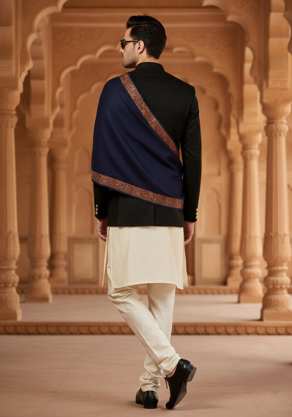 Classic Woolen Mens Shawl with Embroidered Border in Rich Blue (80 x 40 Inches)