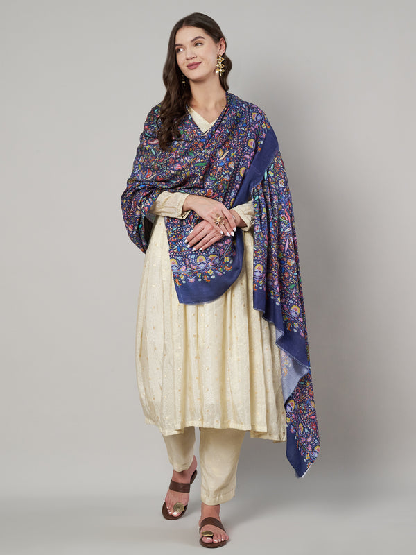 Bamboo Silk Blue Kashmiri Women Stole with Traditional Paisley Jaal | Soft & Elegant | 80×28 Inches