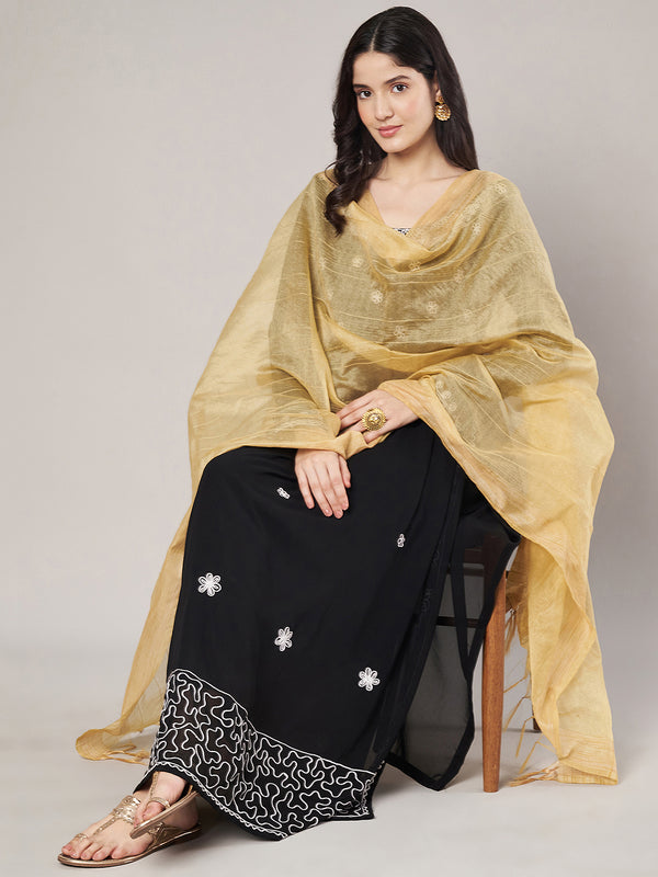 Gold Chanderi Silk Dupatta with Gold Border & Tassels (Size: 2.5x1 m Approx)
