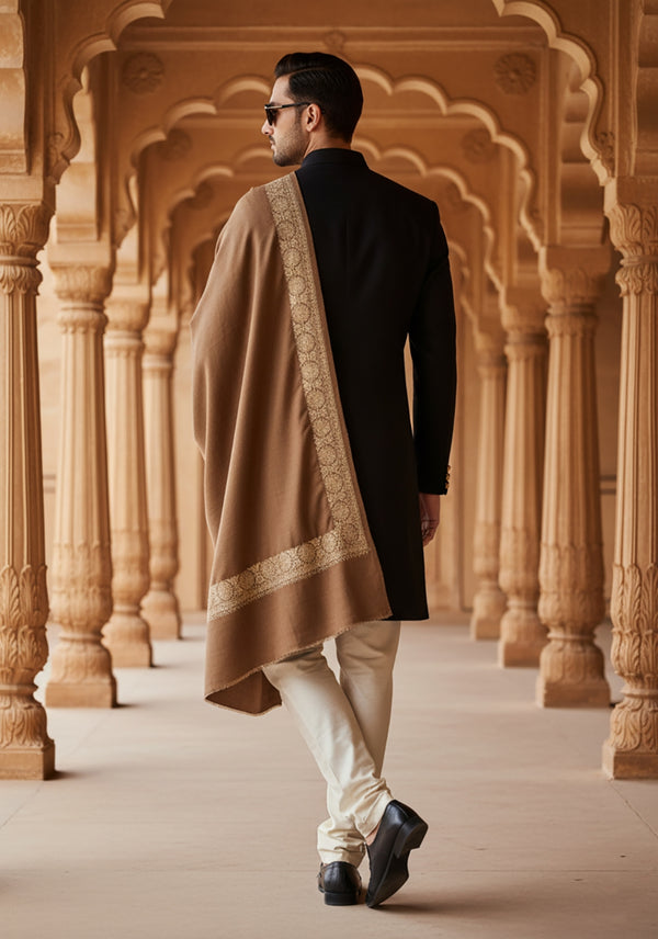 Brown Woolen Mens Shawl with Gold Border – 80x40 Inches