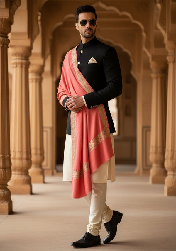 Pink Woolen Mens Shawl with Gold Border – 80x40 Inches