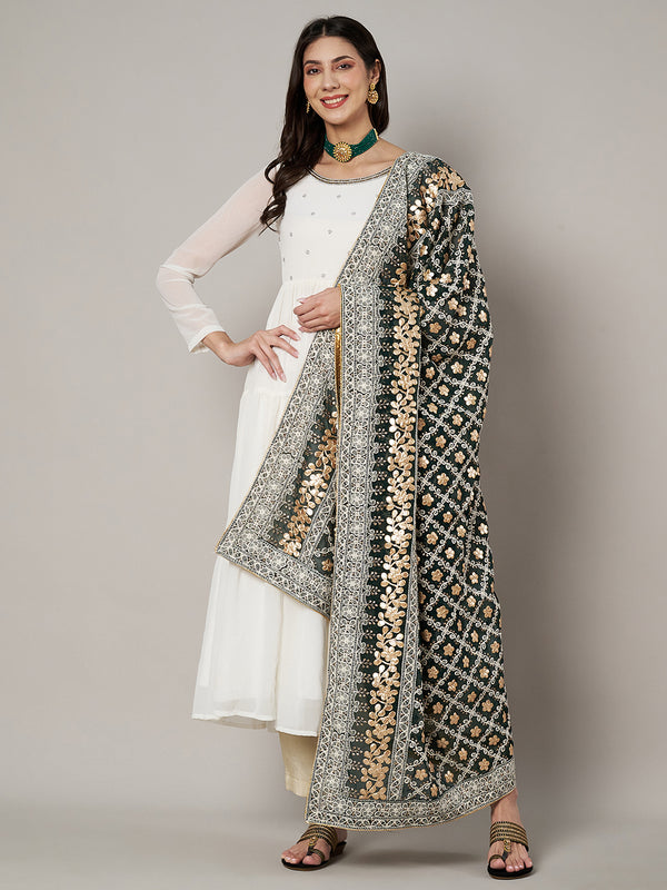 Black Georgette Dupatta with Gold Foil Booti & Lace Border (Size: 2.5x1 m Approx)