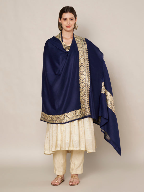 Navy Blue Woolen Women Shawl with Gold Border – 80x40 Inches