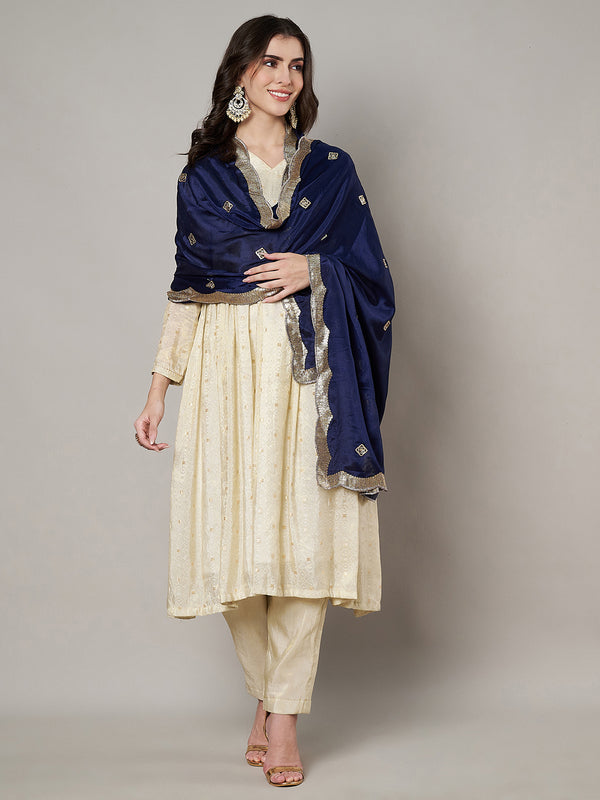 Blue Chiffon Dupatta with Gold Motif Embellishment & Scalloped Border (Size: 2.5x1 m Approx)