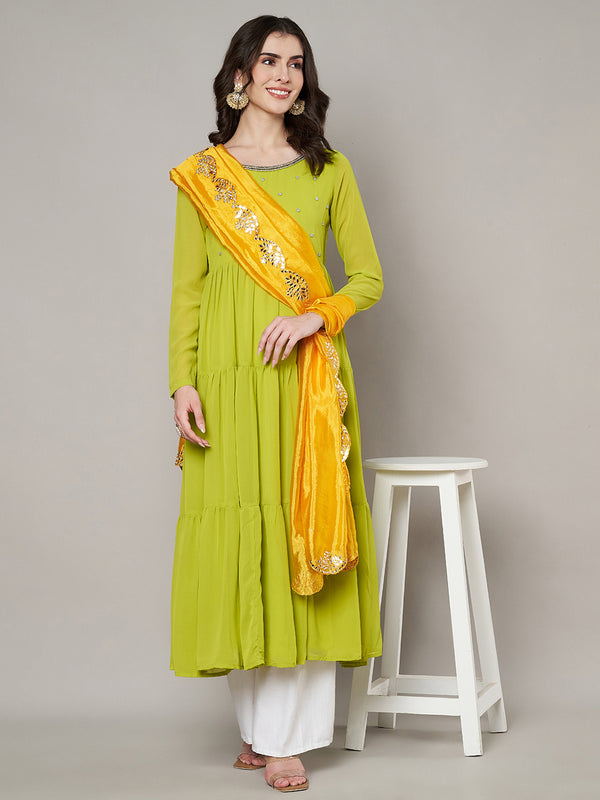 Yellow Silk Dupatta with Scalloped Cutwork Border & Sequin Highlights (Size: 2.5x1 m Approx)