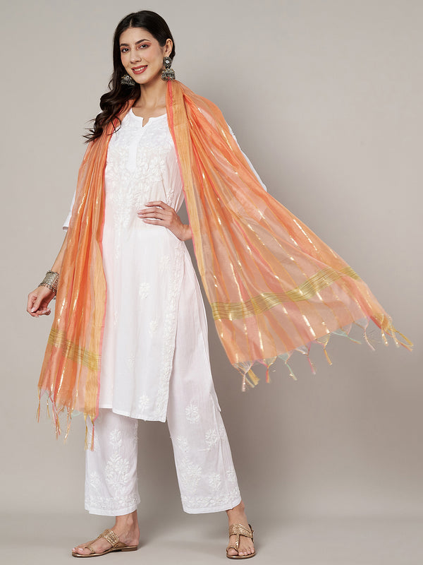 Peach Chanderi Silk Dupatta with Gold Zari Stripes (Size: 2.5x1 m Approx)