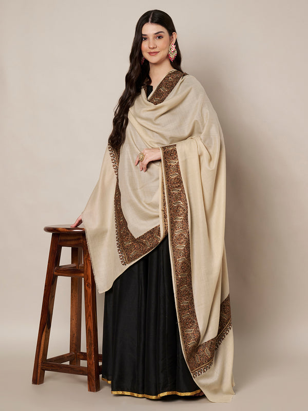 Woolen Women Shawl in Light Brown with Intricate Traditional Embroidered Border (80 x 40 Inches)