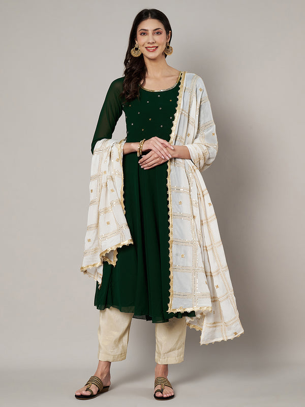 Ivory Chinon Dupatta with Gold Grid Embellishment (Size: 2.5x1 m Approx)