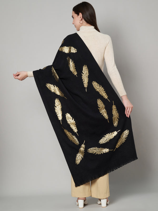 Wool Black Feather Motif Women Stole | Elegant Woven Wrap with Metallic Accents (80 × 28 Inches)