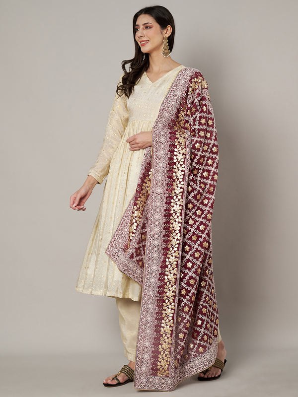 Maroon Georgette Dupatta with Gold Foil Booti & Lace Border (Size: 2.5x1 m Approx)