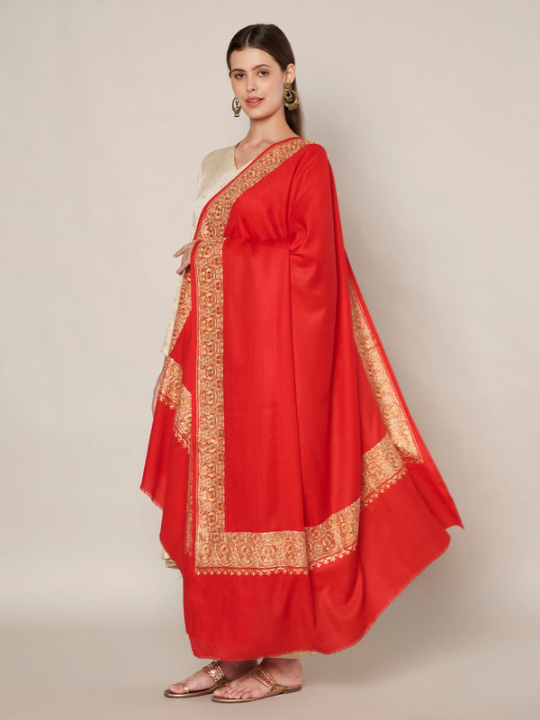 Solid Red Woolen Women Shawl with Rich Embroidered Border – 80 x 40 Inches