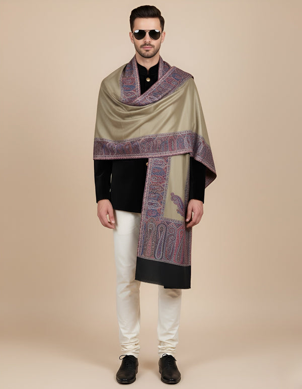 Bamboo Silk Gold Mens Shawl with Ornate Paisley Border | Classic Heritage Wrap (80 × 40 Inches)