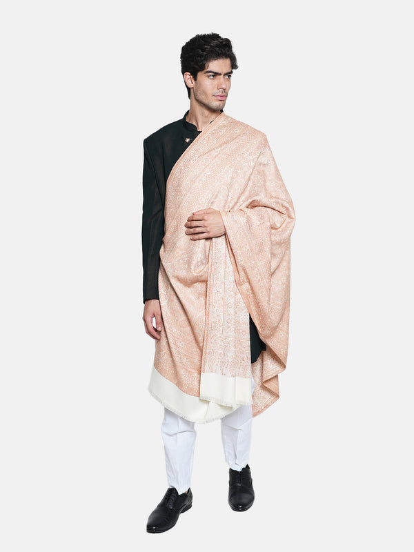 White Jamawar Wool Blend Mens Shawl with Intricate Paisley Weave – 80×40 Inches