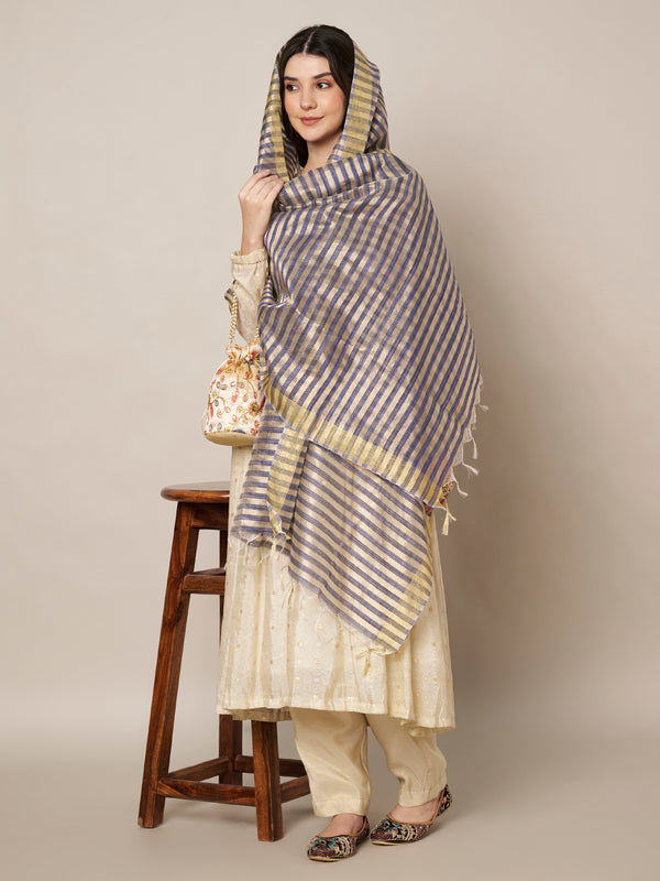 Blue & Ivory Striped Cotton Silk Dupatta with Tassel Finish (Size: 2.5x1 m Approx)