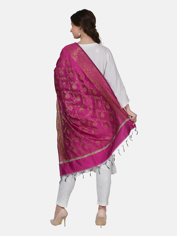 Rani Banarasi Silk Dupatta with All-Over Woven Floral Motifs & Rich Zari Border (Size: 2.5x1 m Approx)