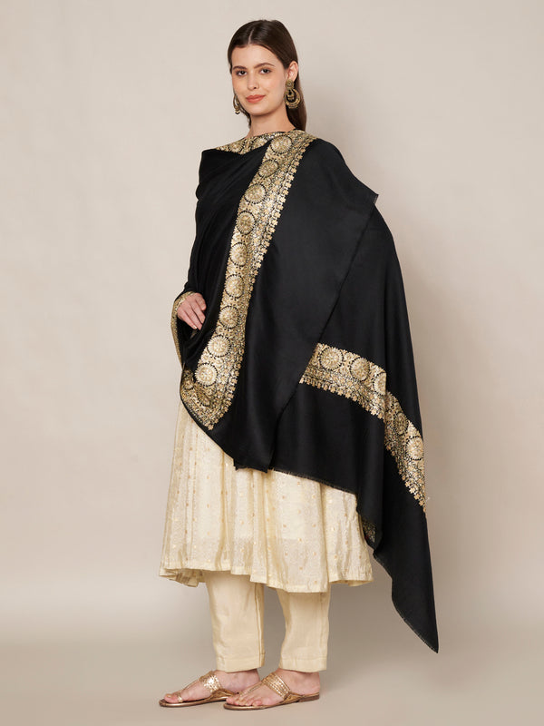 Black Woolen Women Shawl with Gold Border – 80x40 Inches