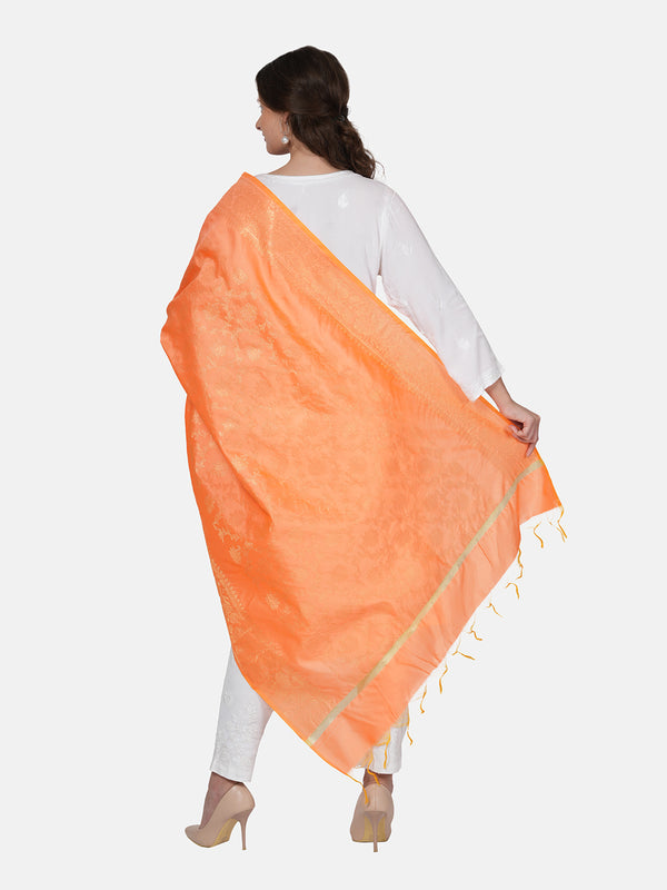 Orange Banarasi Silk Dupatta with All-Over Woven Floral Motifs & Rich Zari Border (Size: 2.5x1 m Approx)