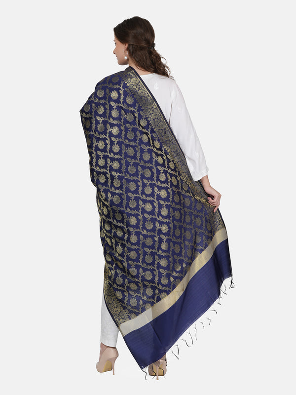 Dark Blue Banarasi Silk Dupatta with All-Over Woven Floral Motifs & Rich Zari Border (Size: 2.5x1 m Approx)