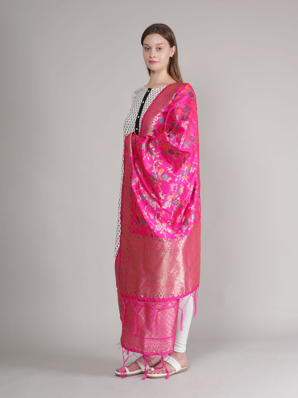 Rani Paithani Silk Dupatta with Multicolour Floral Zari Weave (Size: 2.5x1 m Approx)