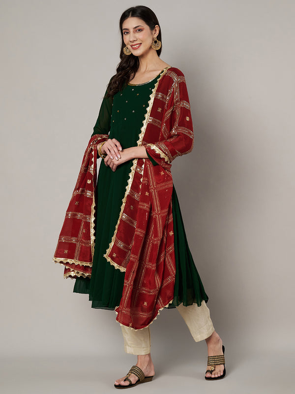 Maroon Chinon Dupatta with Gold Grid Embellishment (Size: 2.5x1 m Approx)