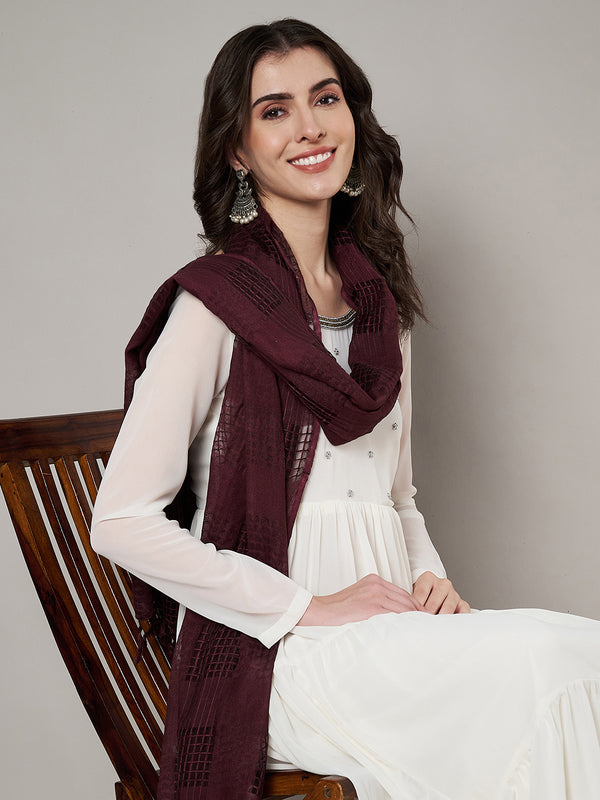Maroon Cotton Woven Check Dupatta with Tassel Detailing (Size: 2.5x1 m Approx)