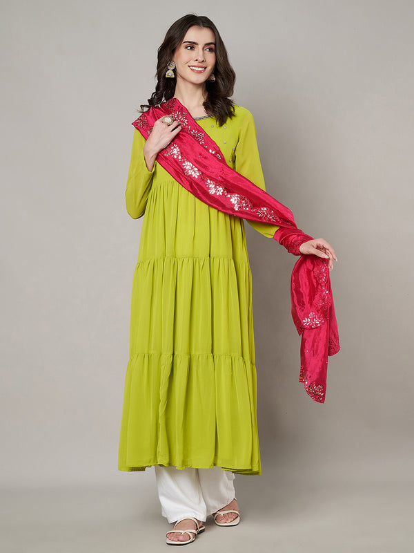 Rani Silk Dupatta with Scalloped Cutwork Border & Sequin Highlights (Size: 2.5x1 m Approx)