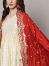 Red Chinon Dupatta with Scalloped Embroidered Border & Sequin Motifs (Size: 2.5x1 m Approx)