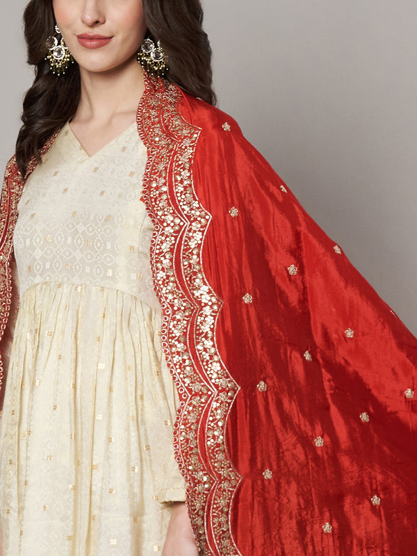 Red Chinon Dupatta with Scalloped Embroidered Border & Sequin Motifs (Size: 2.5x1 m Approx)