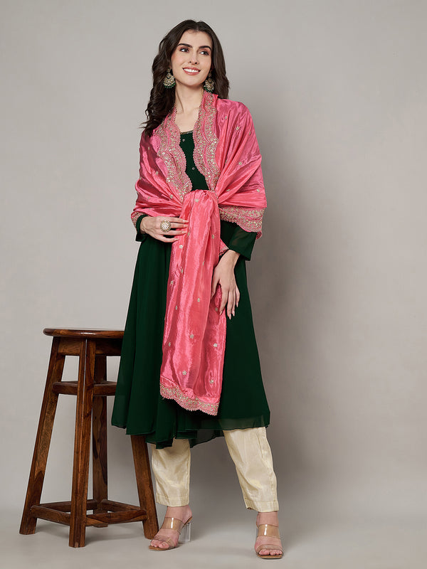Pink Chinon Dupatta with Scalloped Embroidered Border & Sequin Motifs (Size: 2.5x1 m Approx)