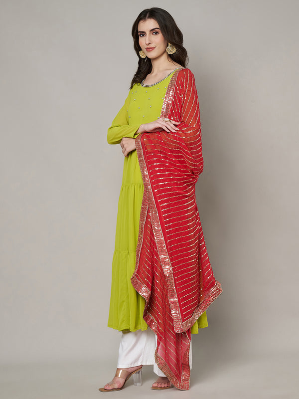 Red Chinon Dupatta with Gold Stripe Sequin Work & Gota Border (Size: 2.5x1 m Approx)