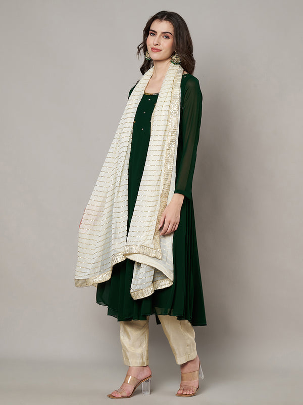 Ivory Chinon Dupatta with Gold Stripe Sequin Work & Gota Border (Size: 2.5x1 m Approx)