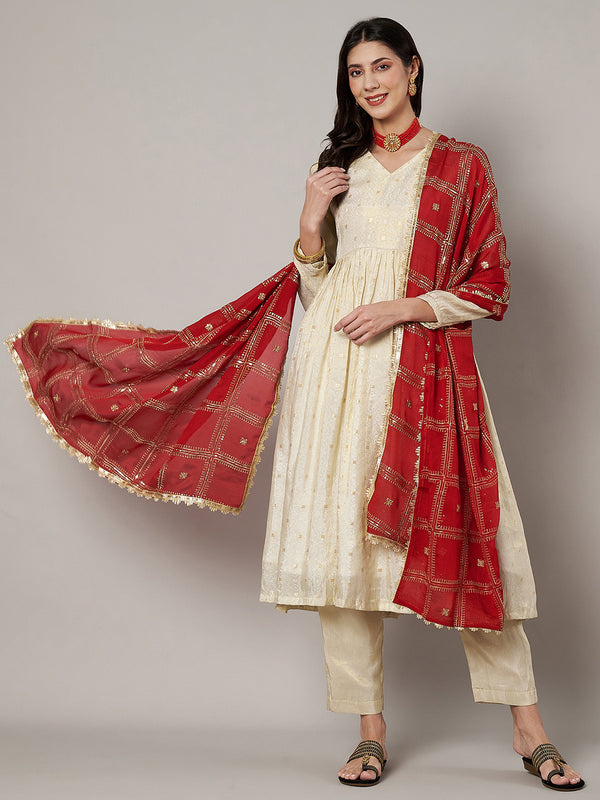 Red Chinon Dupatta with Gold Grid Embellishment (Size: 2.5x1 m Approx)