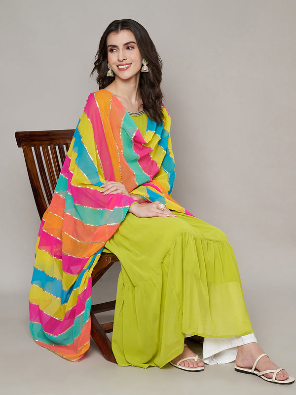 Multicolor Striped Chiffon Dupatta with Gota Lace Detailing (Size: 2.5x1 m Approx)