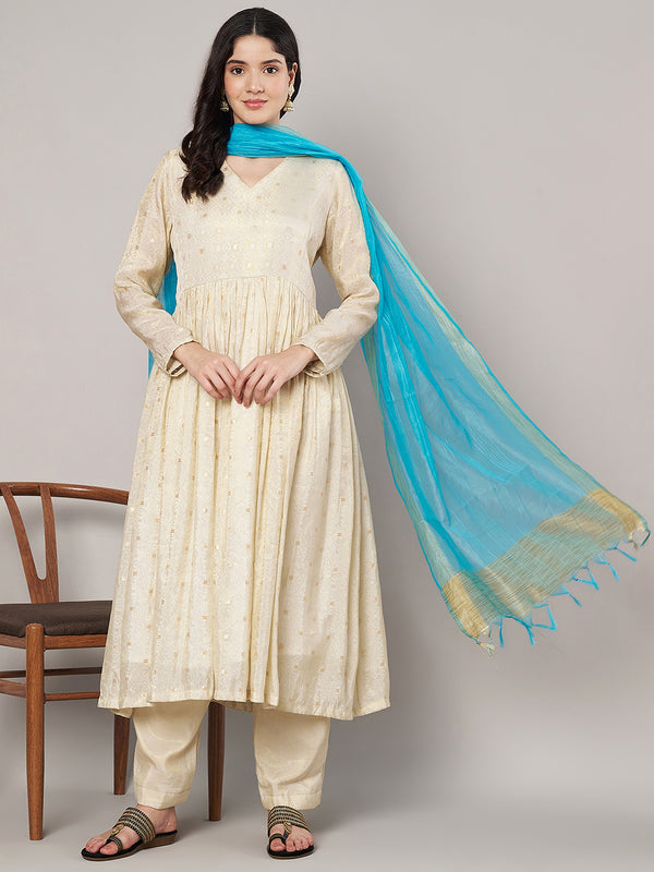 Aqua Chanderi Silk Dupatta with Gold Border & Tassels (Size: 2.5x1 m Approx)