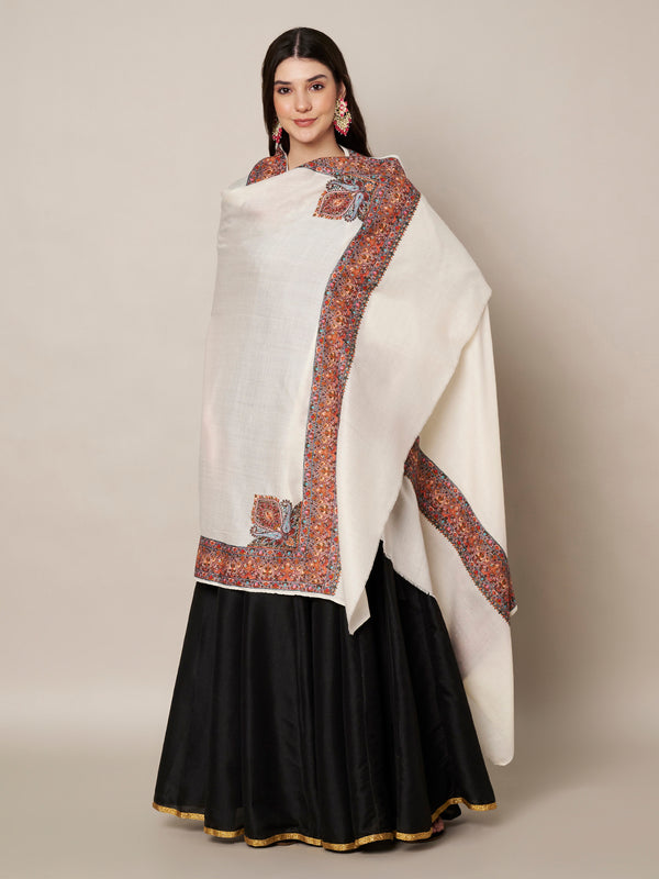 Woolen Women Shawl in Ivory with Multicolour Kashmiri-Inspired Embroidered Border (80 x 40 Inches)