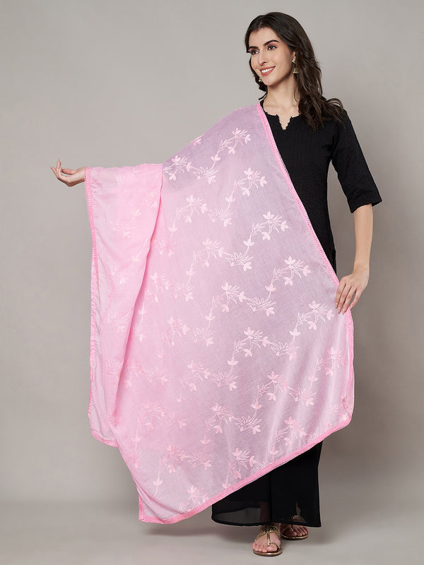 Soft Pink Ombre Dupatta with Cotton Thread Floral Embroidery & Lace Border (Size: 2.5x1 m Approx)