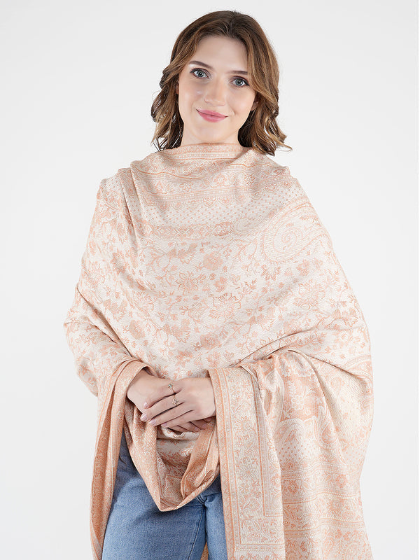 White Jamawar Wool Blend Women Shawl with Intricate Paisley Weave – 80×40 Inches