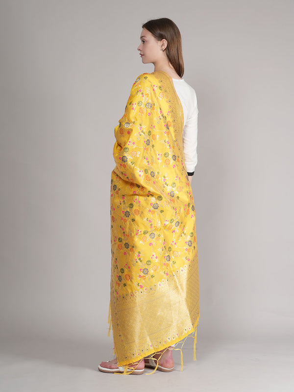 Yellow Paithani Silk Dupatta with Multicolour Floral Zari Weave (Size: 2.5x1 m Approx)