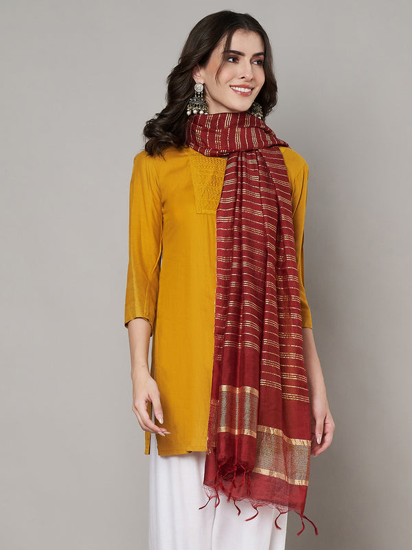 Red & Olive Cotton Dupatta with Subtle Striped Weave and Woven Border (Size: 2.5x1 m Approx)