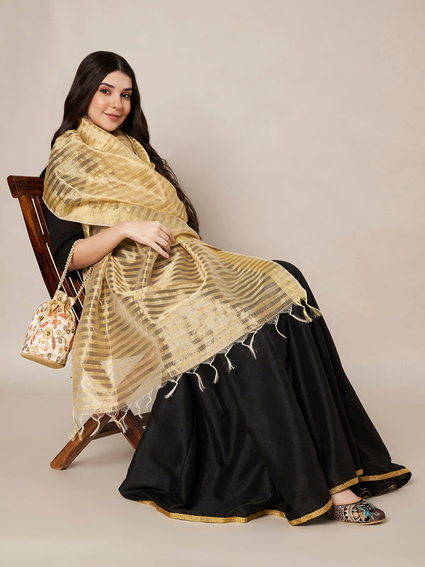 Brown & Ivory Striped Cotton Silk Dupatta with Tassel Finish (Size: 2.5x1 m Approx)