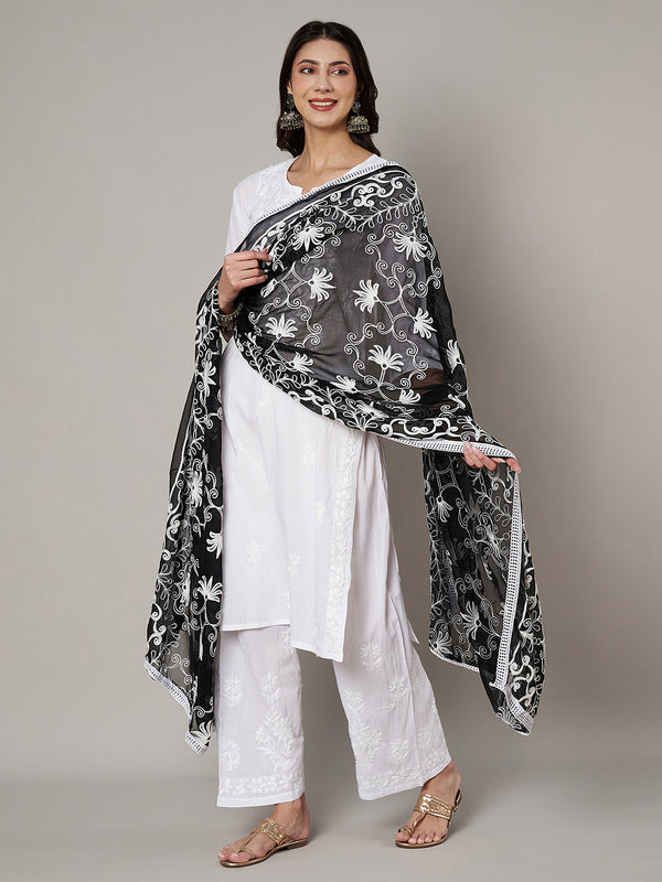 Black Karachi Chiffon Dupatta with Elegant Thread Embroidery (Size: 2.5x1 m Approx)
