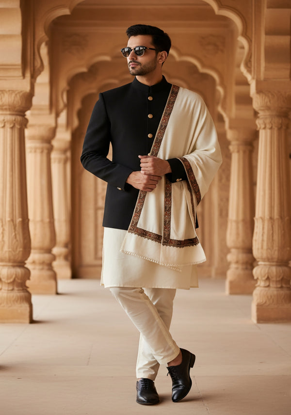 Classic Woolen Mens Shawl with Embroidered Border in Rich White (80 x 40 Inches)