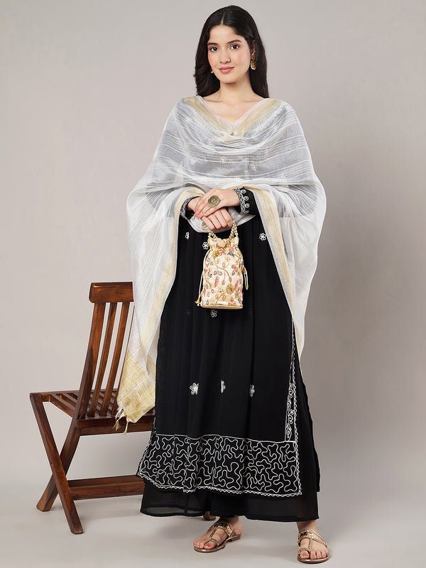 White Chanderi Silk Dupatta with Gold Border & Tassels (Size: 2.5x1 m Approx)