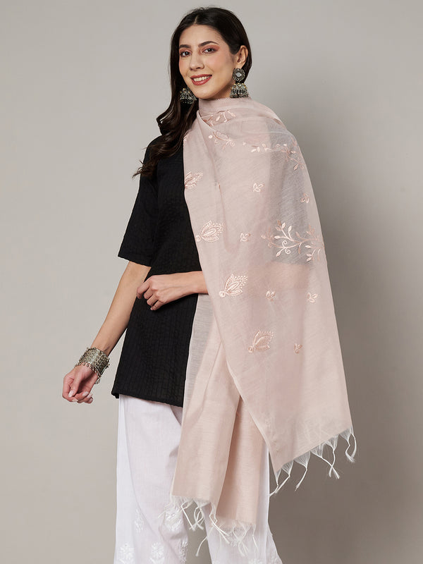 Pink Chanderi Cotton Dupatta with Subtle Floral Embroidery (Size: 2.5x1 m Approx)